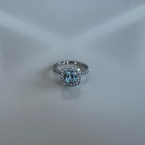 Aquamarine Cushion Cut Haloed Cubic Zirconia Ring Sterling Silver Setting - Picture 1 of 8